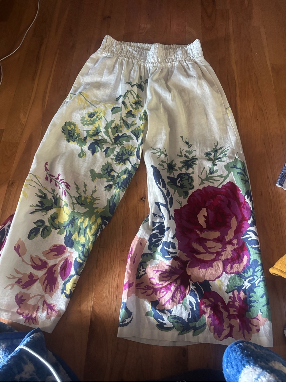 Anthropologie White Wide-Leg Floral Linen Pants with Pink & Yellow Blooms